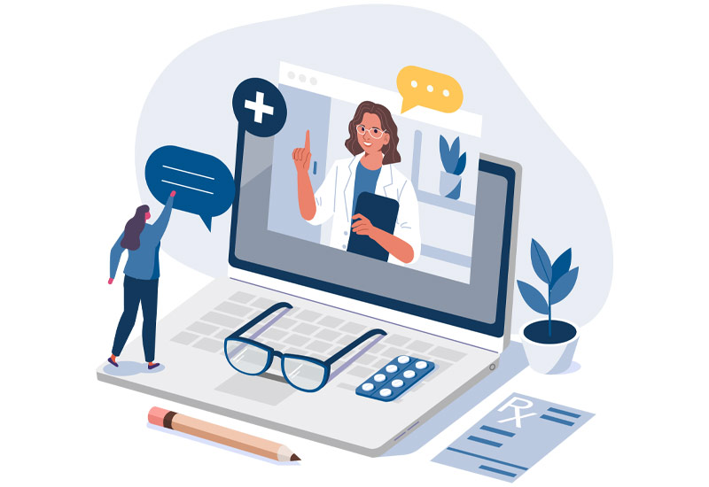 Graphic illustration of patient communicating with doctor via their patient portal